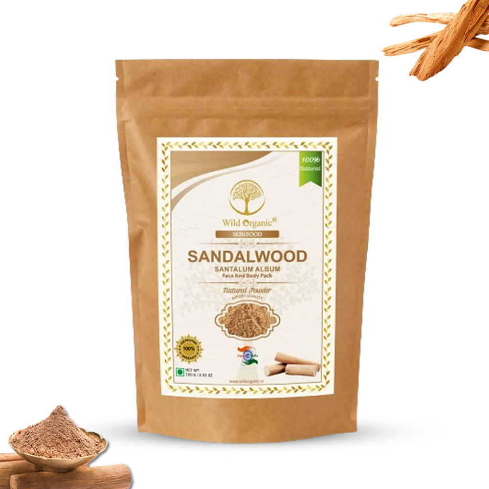 Wild Organic sandalwood powder face pack for skin and body, showing a natural wooden bowl with sandalwood powder and a wooden spoon.