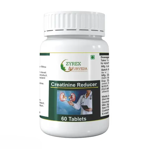 Zyrex Ayurveda Creatinine Reducer Tablets in blister pack, Ayurvedic supplement for kidney health, natural herbal remedy.