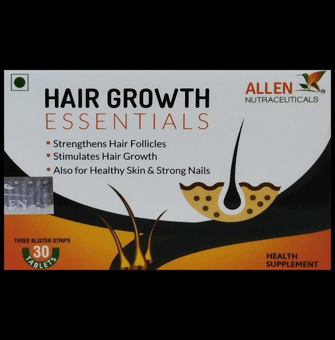 Allen Homeopathy Hair Growth Essentials Tablets, homeopathy tablets in a blister pack with white tablets and blue packaging.