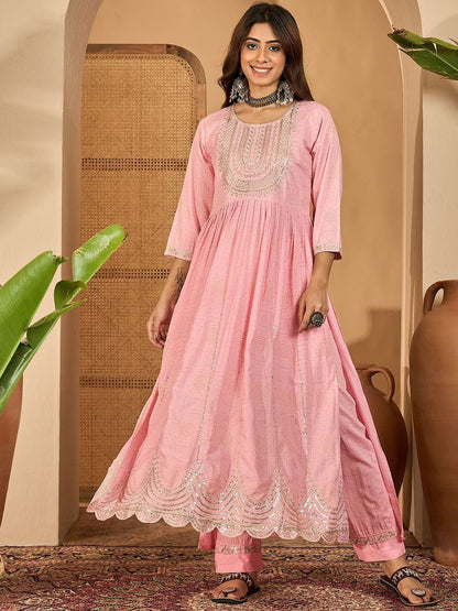 Indyancart SN Women's Floral Embroidered Sequinned A-line Kurta With Trousers & Dupatta