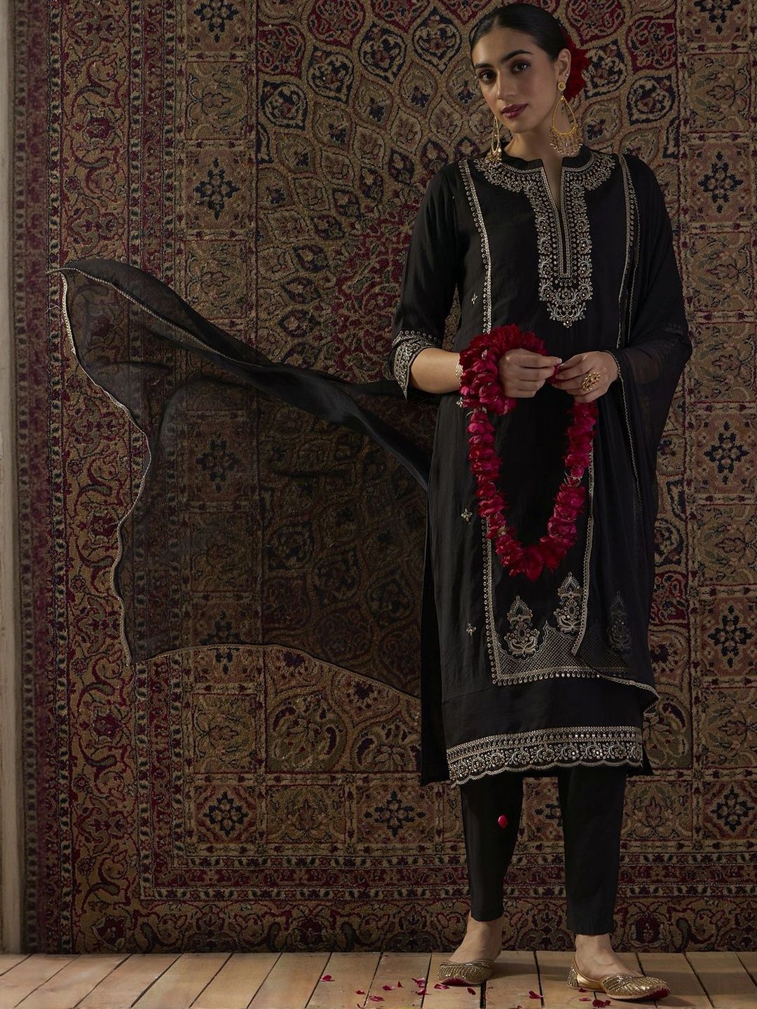 Embroidered Notch Neck Sequinned Straight Kurta With Trousers & Dupatta