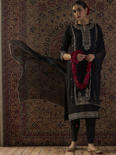 Indyancart IE Embroidered Notch Neck Sequinned Straight Kurta With Trousers & Dupatta