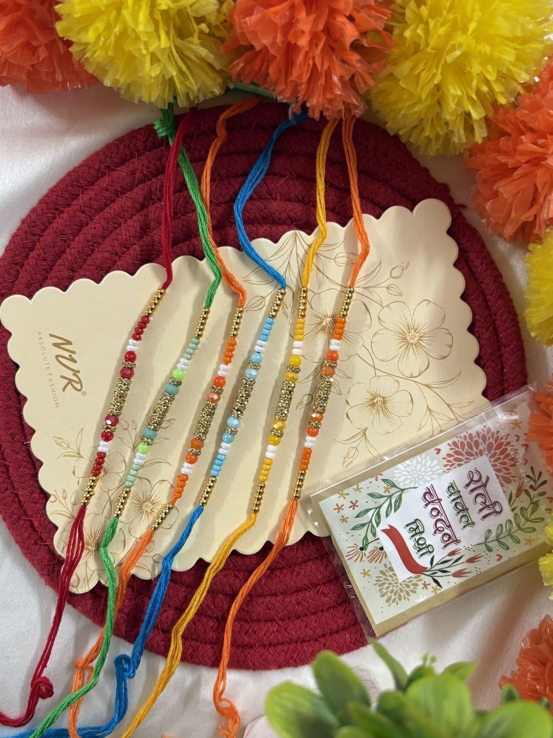 Anouk Set Of 6 Multi Artificial Beads Thread Rakhi With Roli Chawal Chandan Mishri