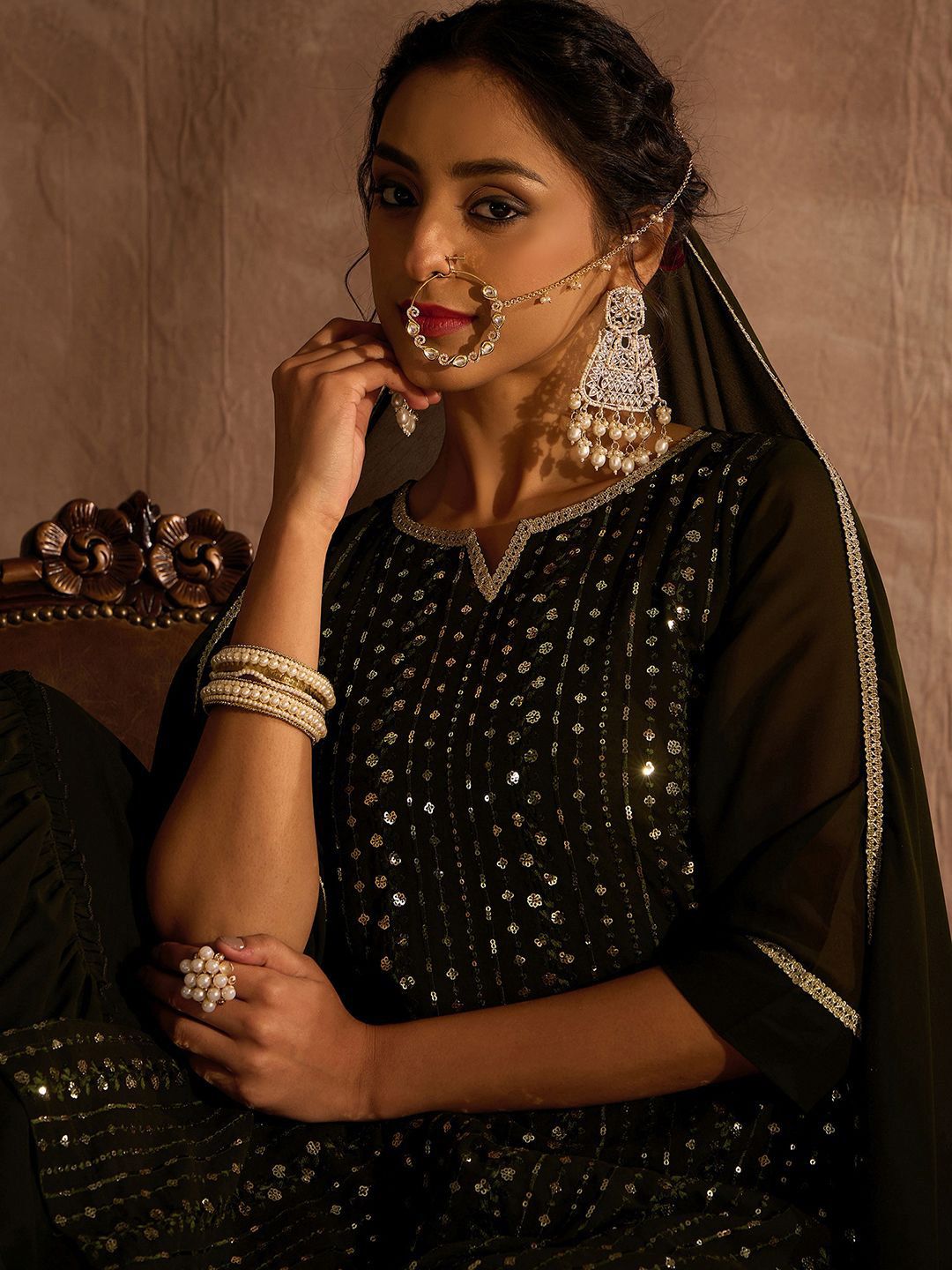 Indyancart IE Ethnic Motifs Embroidered Sequinned Straight Kurta With Sharara & Dupatta
