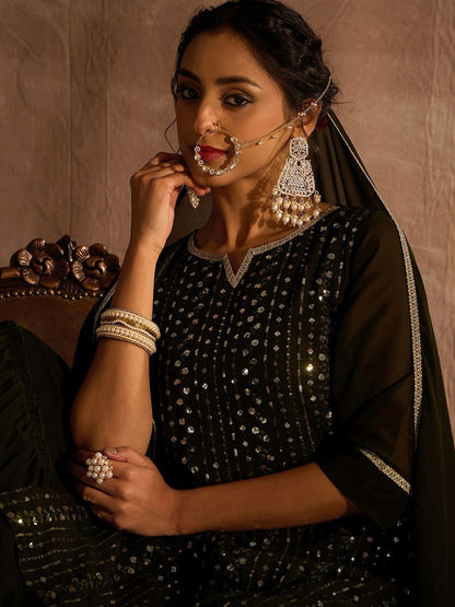 Indyancart IE Ethnic Motifs Embroidered Sequinned Straight Kurta With Sharara & Dupatta