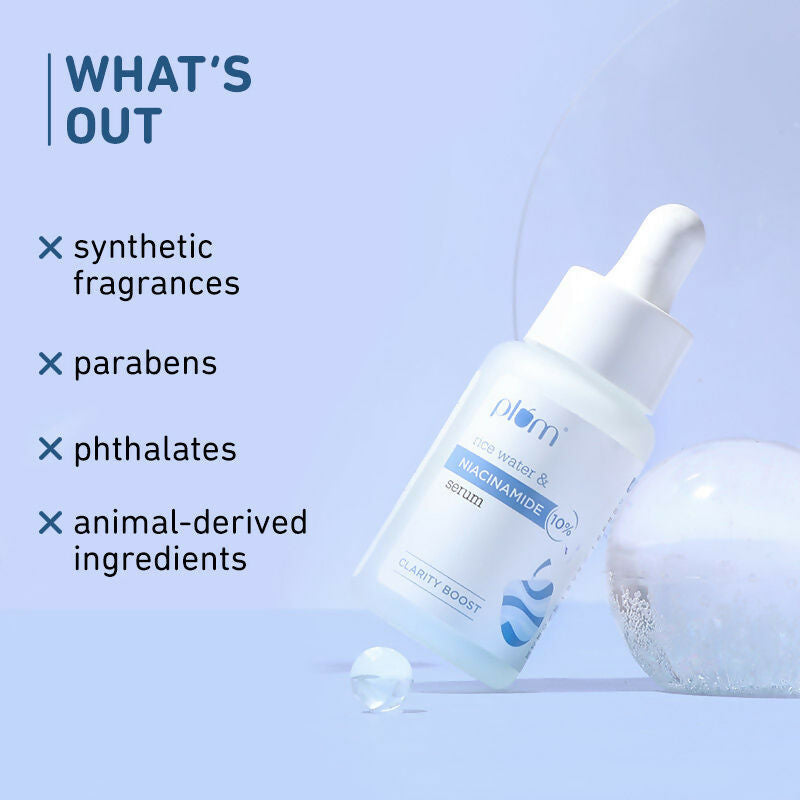 Plum 10% Niacinamide Brightening Face Serum with rice water, showing a clear glass bottle with dropper and serum inside.