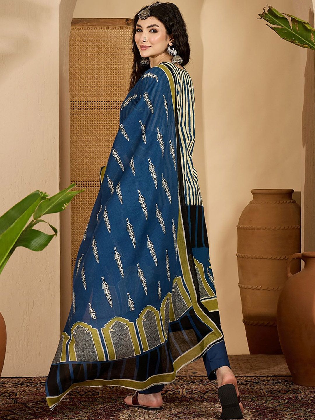 Indyancart SN Women's Striped Round Neck Sequinned Pure Cotton Straight Kurta with Trousers & Dupatta