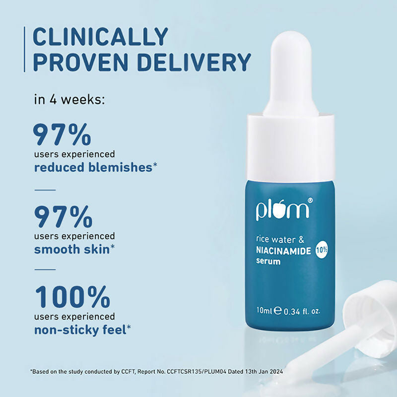 Plum 10% Niacinamide Brightening Face Serum with rice water, showing the serum bottle and applicator for blemish and dark spot reduction.