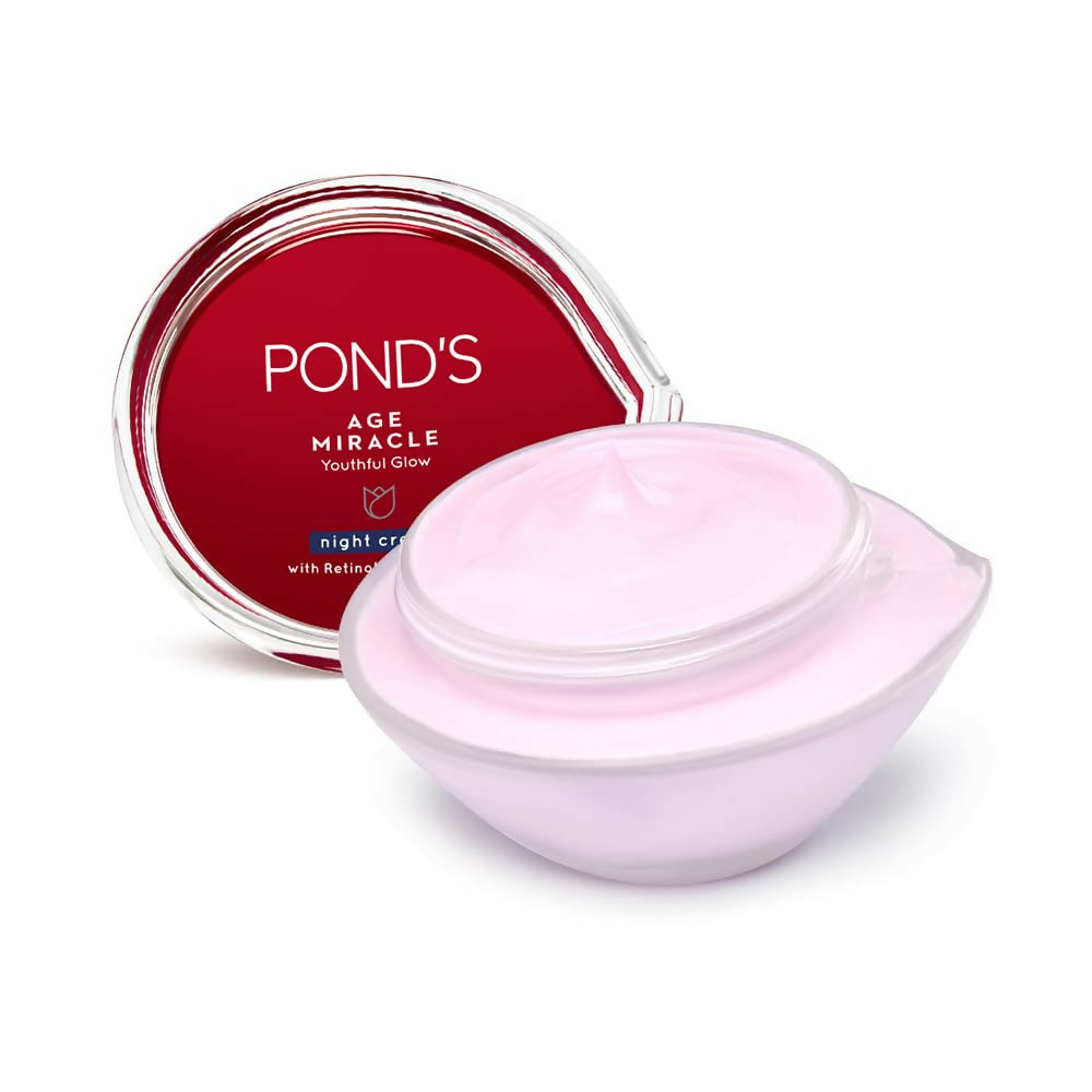 Ponds Age Miracle Wrinkle Corrector Night Cream jar with smooth, creamy texture, designed for anti-aging skincare at night