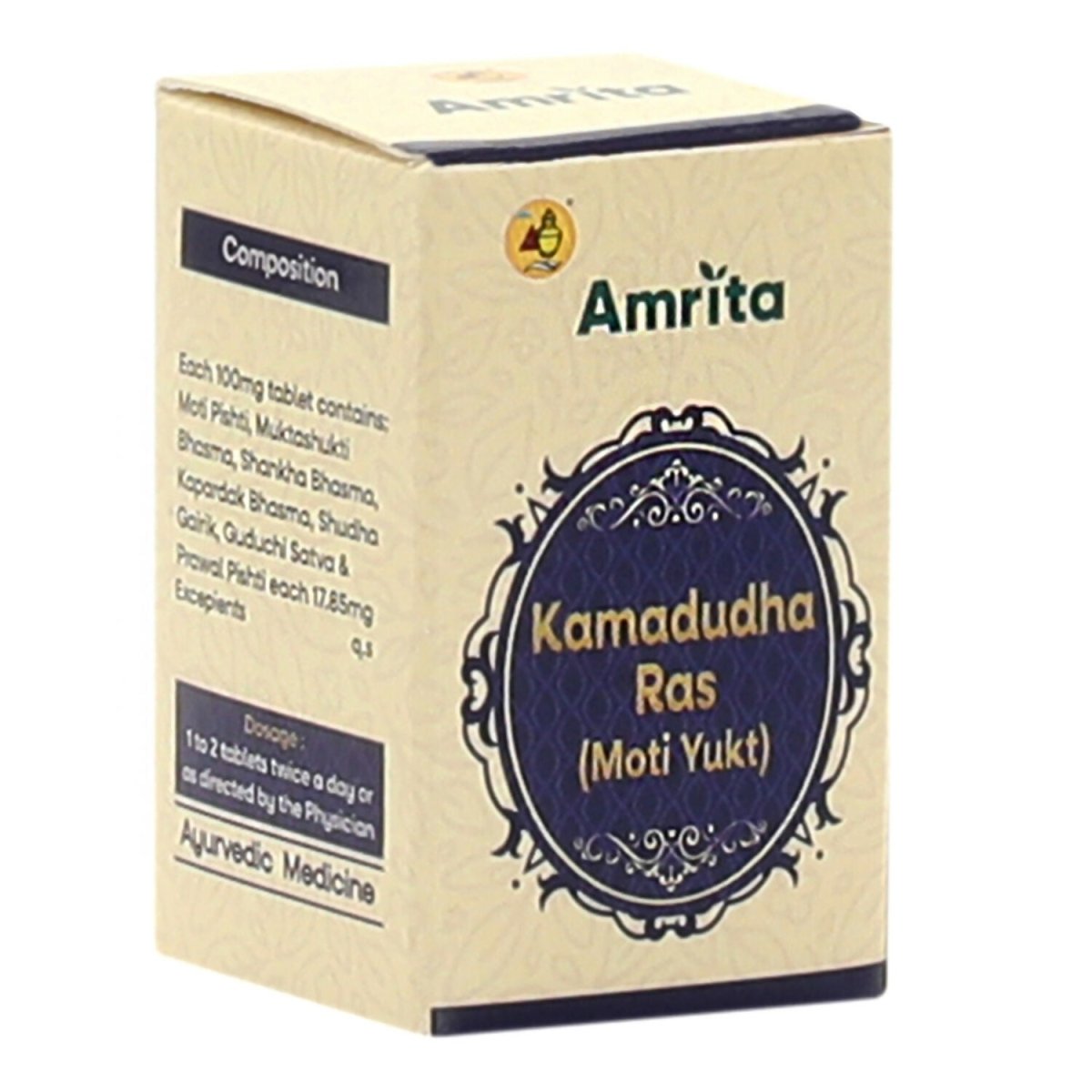 Amrita Kamdudha Ras Moti Ayurvedic tablets in a glass jar with tablets inside, used for traditional health remedies.