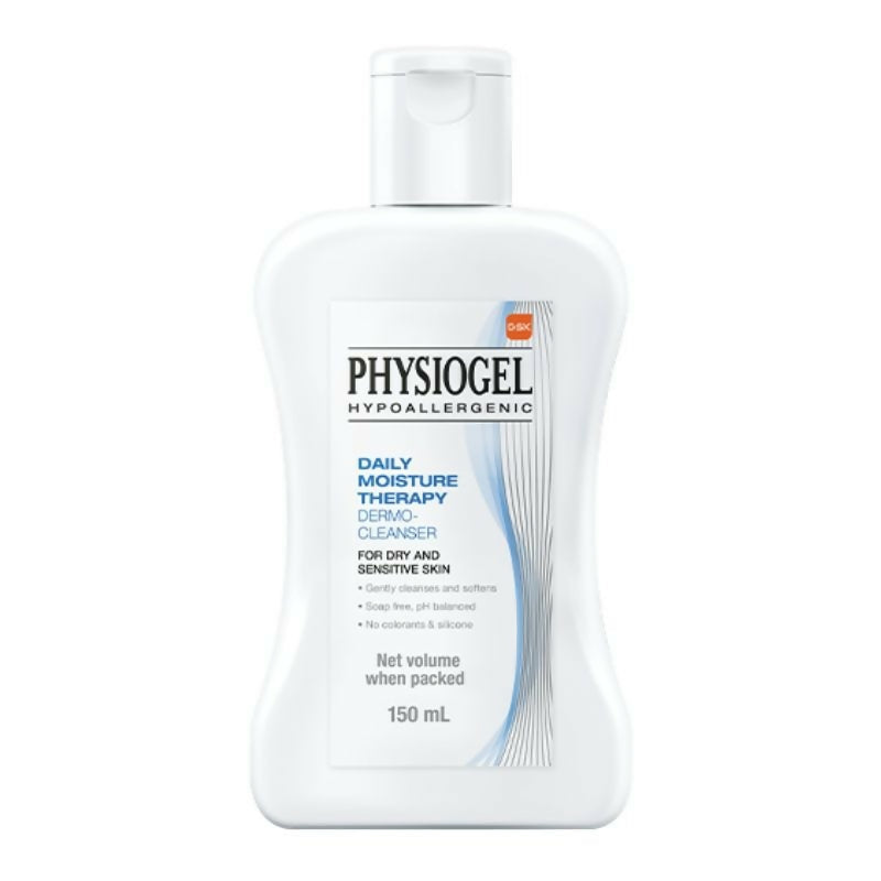 Physiogel Daily Moisture Therapy Dermo Cleanser bottle showing gentle cleanser for sensitive skin, with a white and blue label.