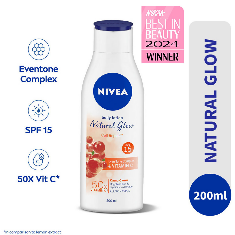 Nivea sunscreen and 50X Vitamin C body lotion bottles showing the packaging and labels on a white background.