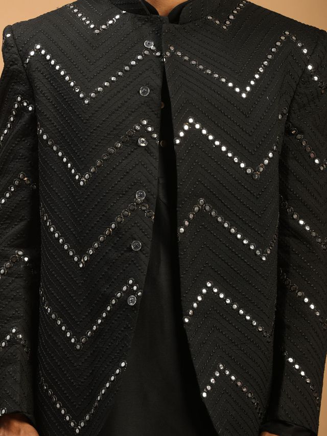 Men's Black Viscose Straight Jacket  Kurta and Pyjama Set