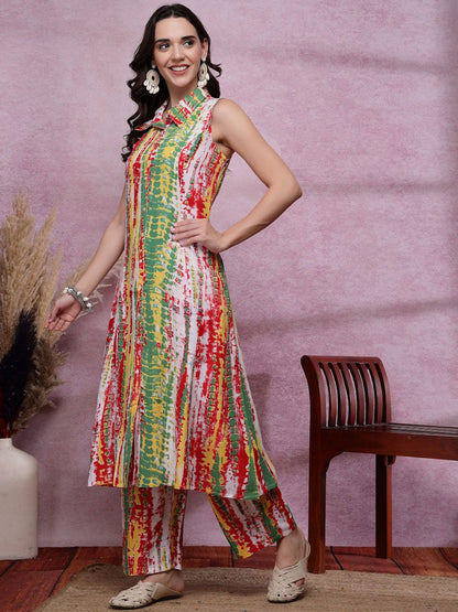 Indyancart SN Women's Printed Shirt Collar Kurta With Trousers Set