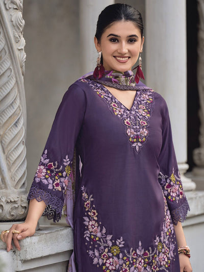 Indyancart VA Women'sFloral Embroidered V Neck Thread Work Pure Cotton Kurta With Trouser And Dupatta
