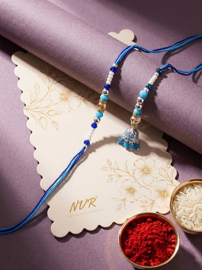 Anouk Set Of 2 Blue Artificial Beads Jhumka Design Bhaiya Bhabhi Rakhi With Roli Chawal