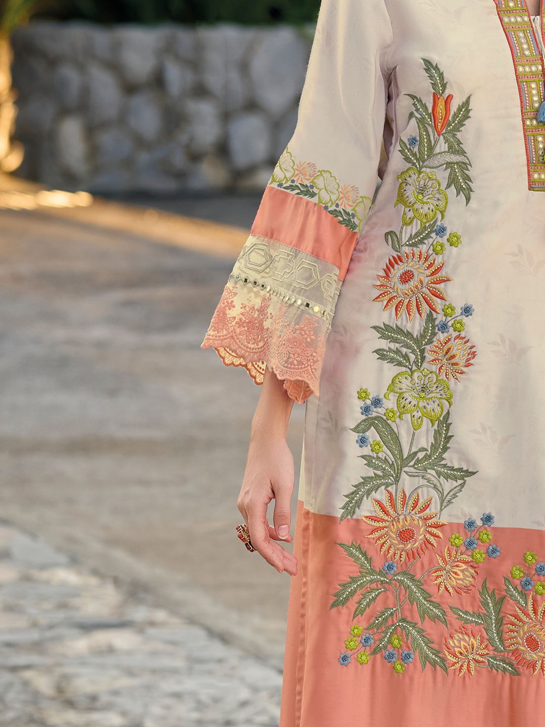 Indyancart IE Women's Floral Embroidered Mirror Work Kurta with Trousers & Dupatta