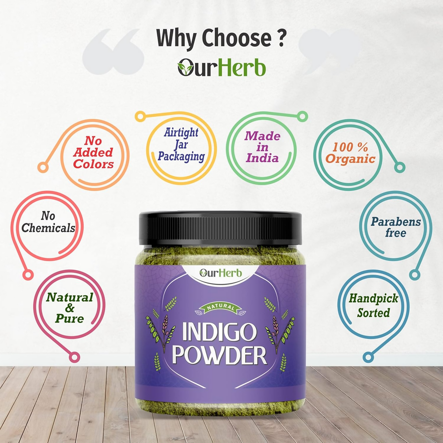 OurHerb Organic Indigo Leaves Powder for black hair color, showing vibrant green powder in a glass jar with a natural background.