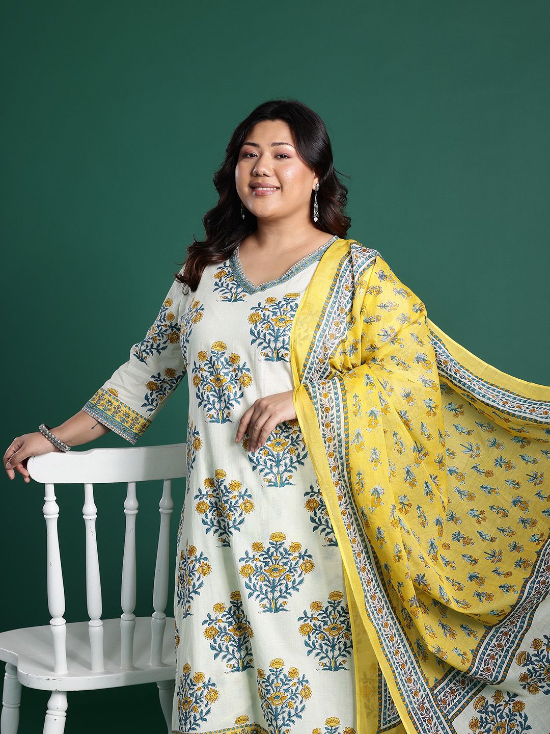 Floral Print Cotton Kurta with Trousers & Dupatta
