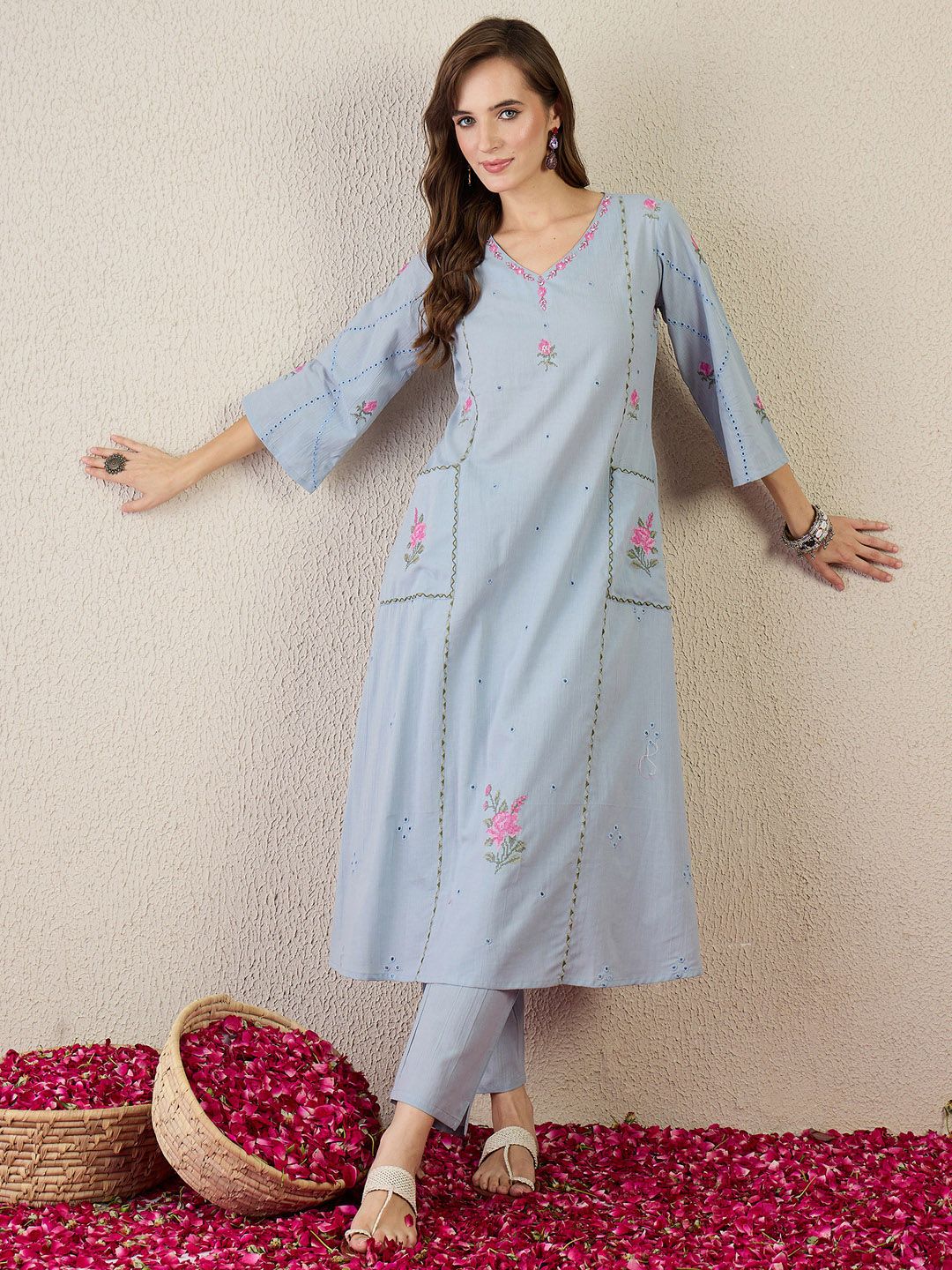 Dhiyona IE Embroidered Cotton V Neck Top With Trousers Co-Ords