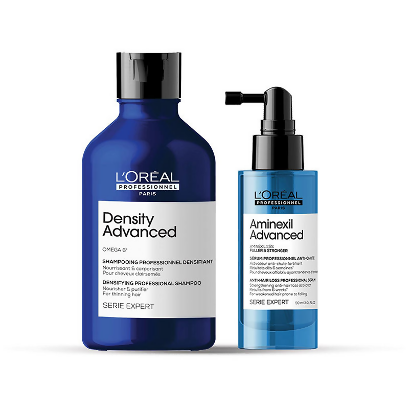L'Oreal Paris Anti-Hair Loss Regime with Density Advanced Shampoo and Aminexil Advanced hair serums, showing the product bottles.