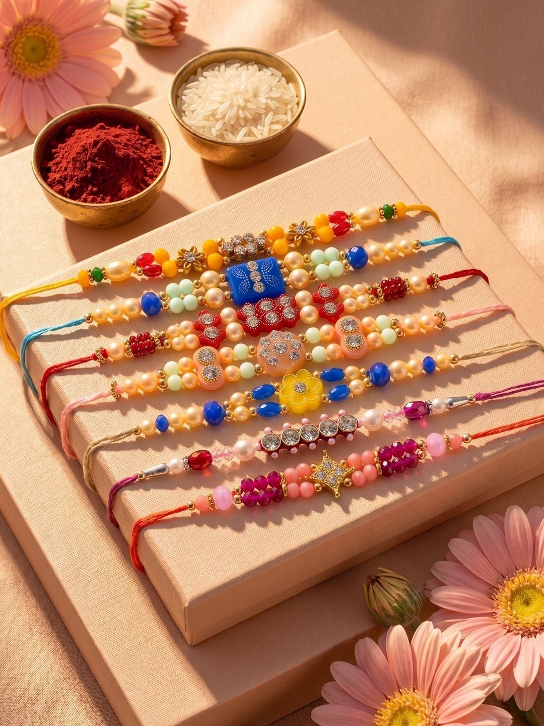 Anouk Set Of 7 Multicolor Designer Thread Rakhi With Roli Chawal Chandan Mishri