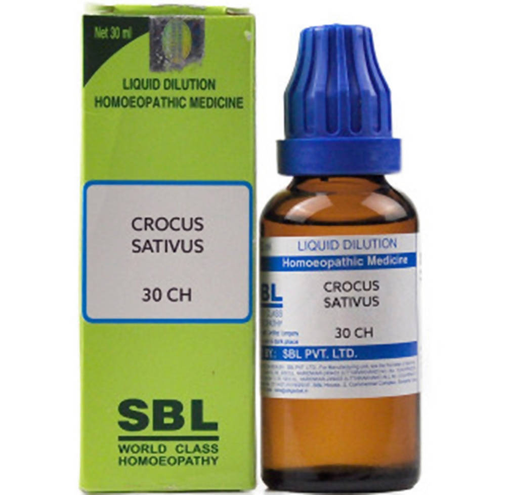 SBL Homeopathy Homoepathy Crocus Sativus Dilution bottle, used for wellness and homeopathic remedies.