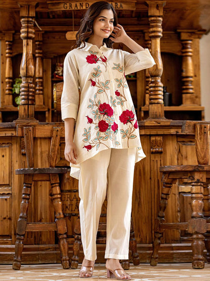 Indyancart IE Floral Embroidered Thread Work Pure Cotton Shirt with Trousers