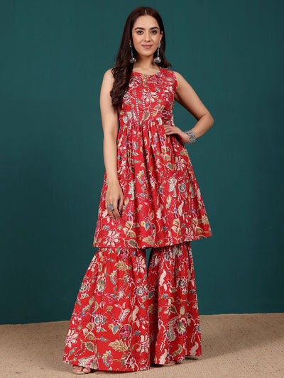 Indyancart VA Women's Floral Printed Regular Thread Work Pure Cotton Kurta with Sharara