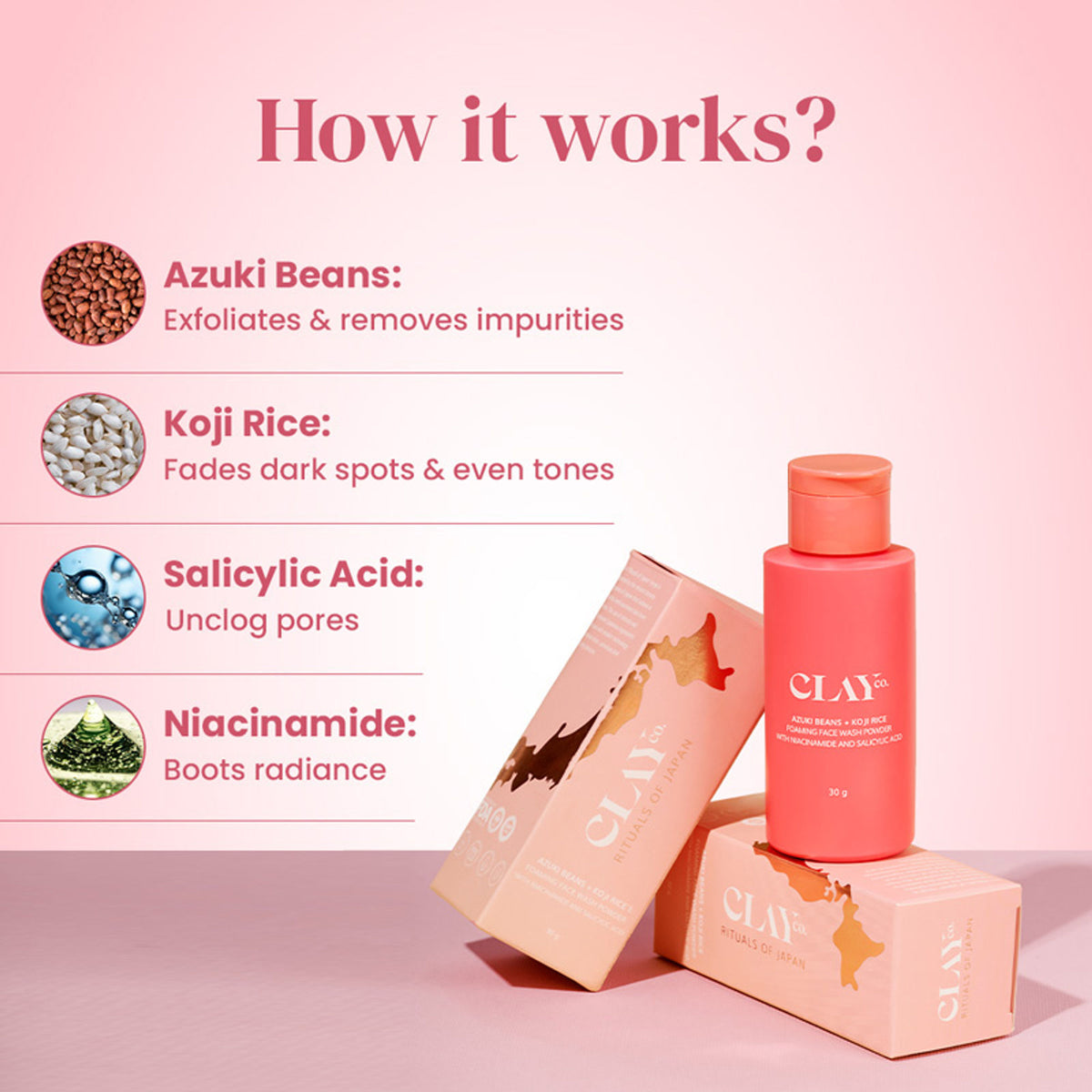Clayco Face Wash Powder With Azuki Beans, Koji Rice, Salicylic Acid & Niacinamide - Brighter Skin