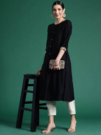 Indyancart IE Women Solid Liva A-Line Kurta