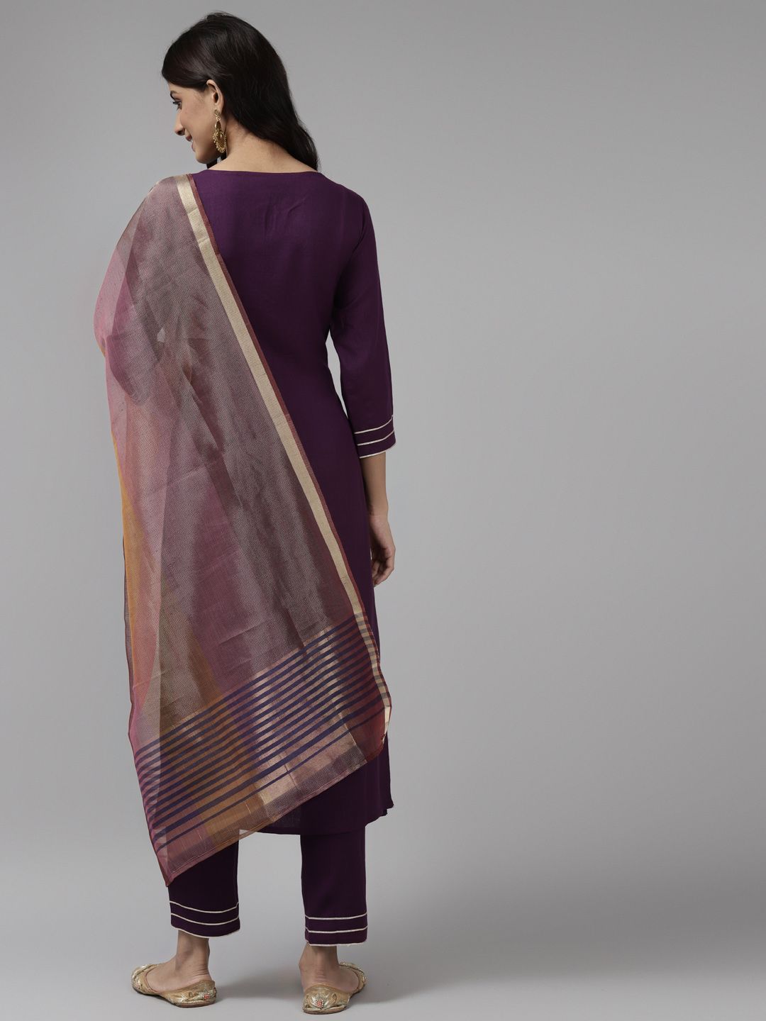 Indyancart IE Women Purple Embroidered Kurta with Trousers & With Dupatta