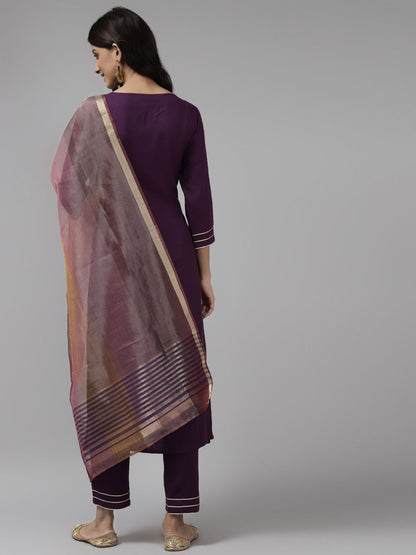 Indyancart IE Women Purple Embroidered Kurta with Trousers & With Dupatta
