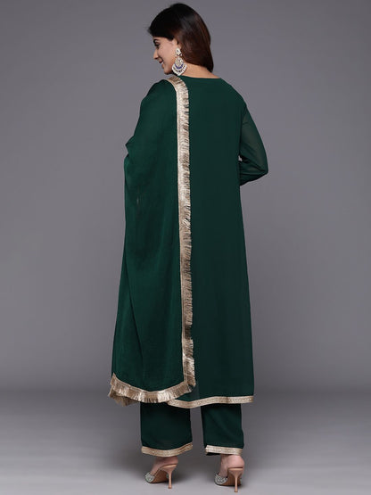 Indyancart VA Women's Embroidered Empire Mirror Work Silk Georgette Kurta with Trousers & With Dupatta
