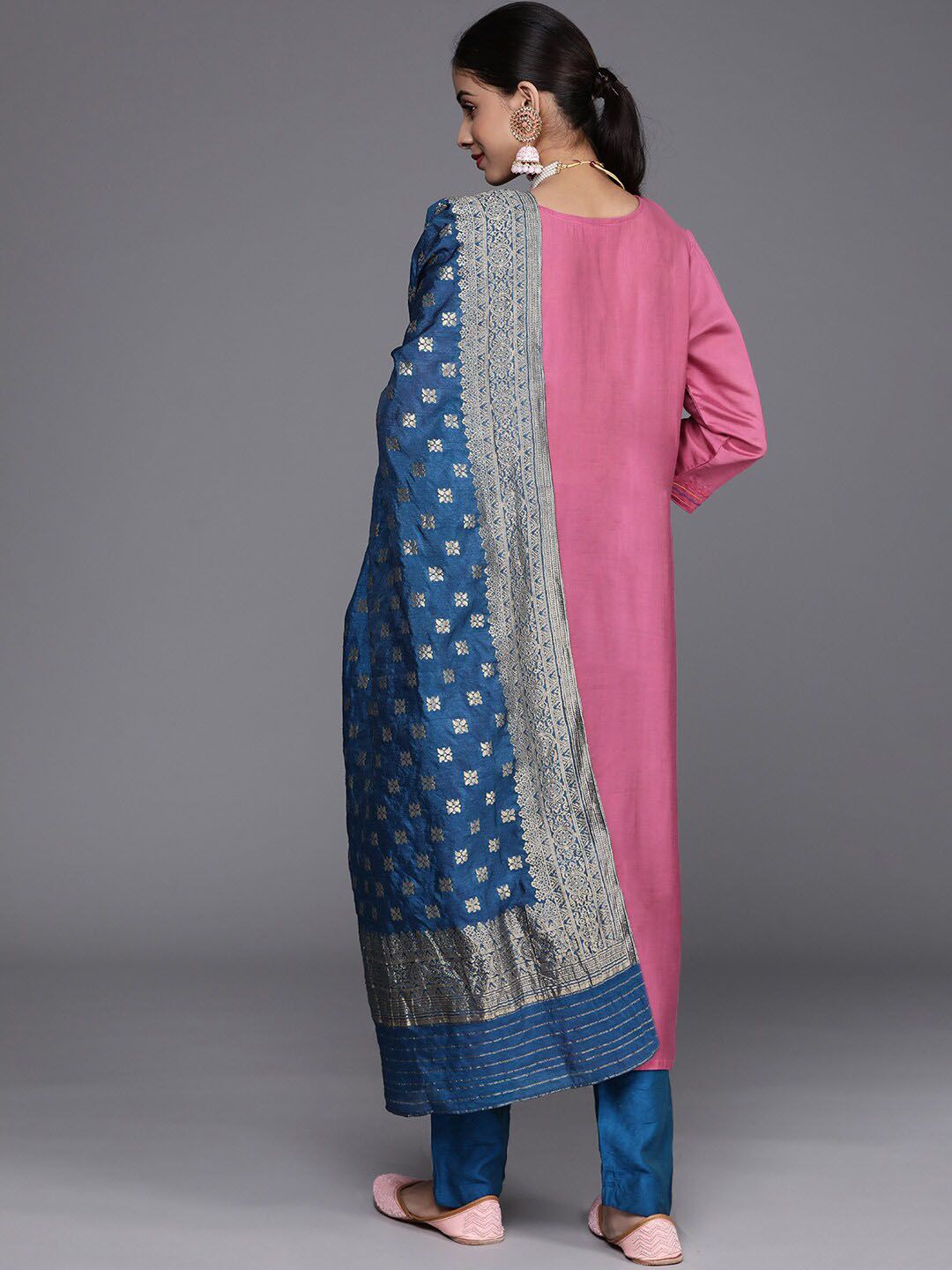 Indyancart VA Women's Pink Zari Resham Embroidered Winter Kurta with Trousers & Dupatta