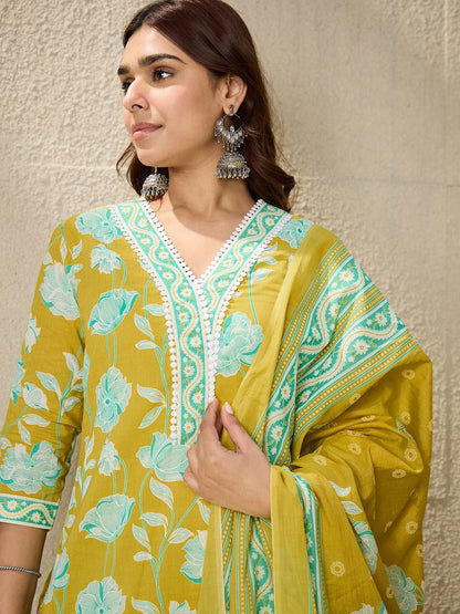 Floral Printed V-Neck Pure Cotton Straight Kurta With Trousers And Dupatta