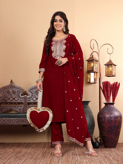 Indyancart VA Women'sMaroon Floral Yoke Design Sequinned Velvet Straight Kurta with Trousers & Dupatta