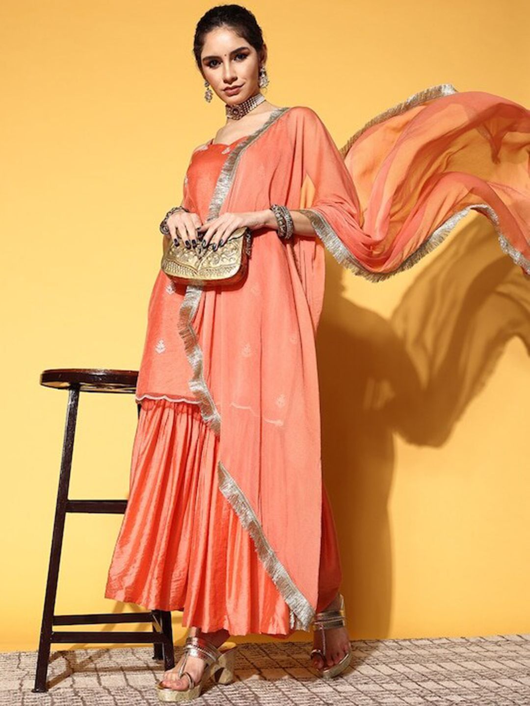 Indyancart VA Ethnic Motifs Embroidered Thread Work Kurta with Sharara & Dupatta