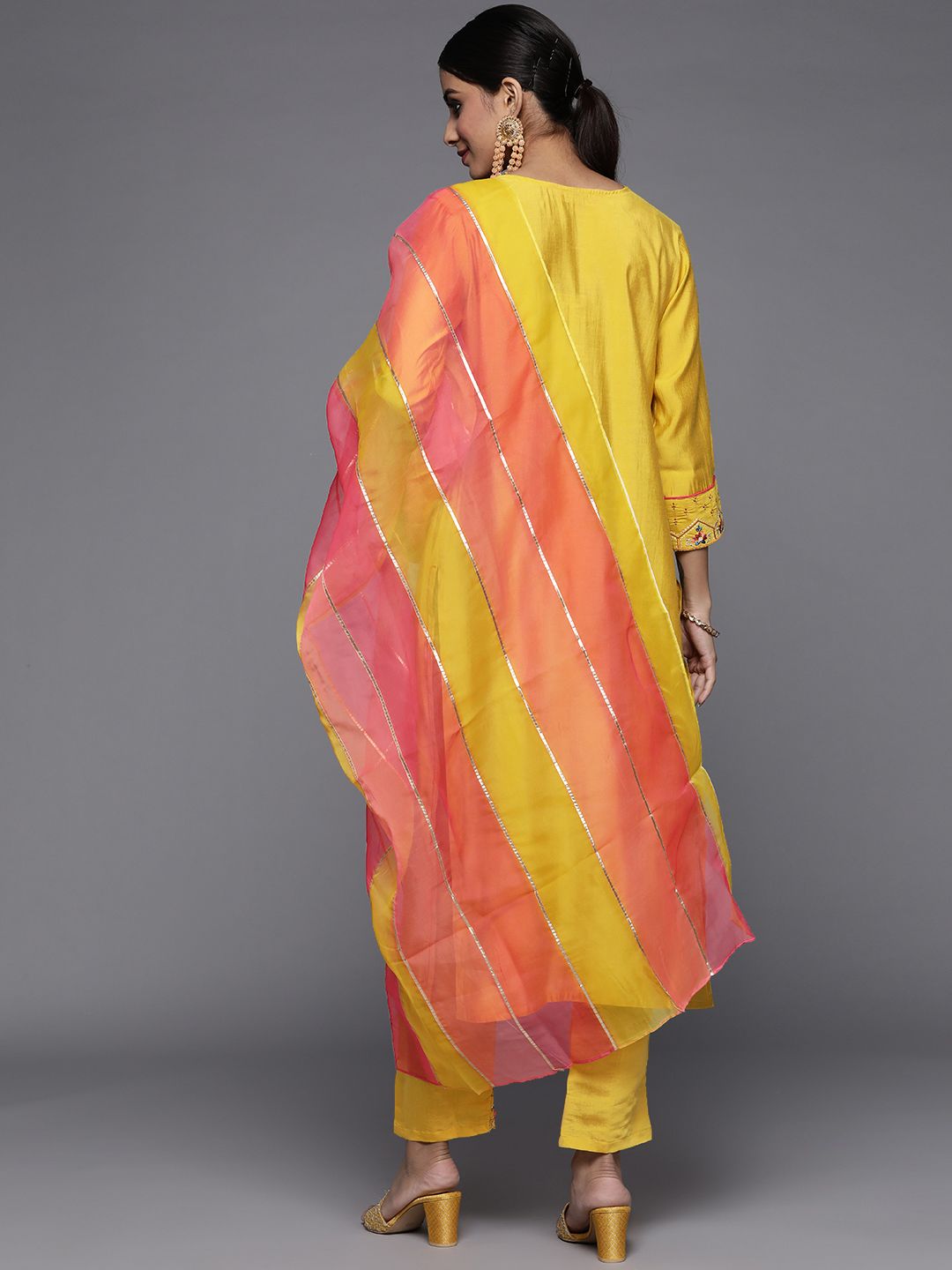 Indyancart VA Women's Yellow Ethnic Motifs Embroidered Beads and Stones Kurta with Trousers & With Dupatta