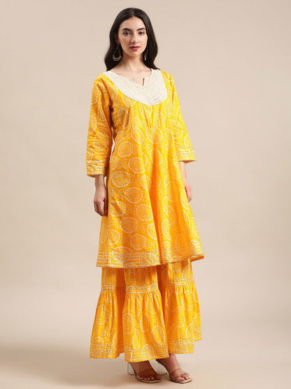 Indyancart VA Women's Mustard And White Bandhej Printed Flared Kurti With Sharara With Dupatta.
