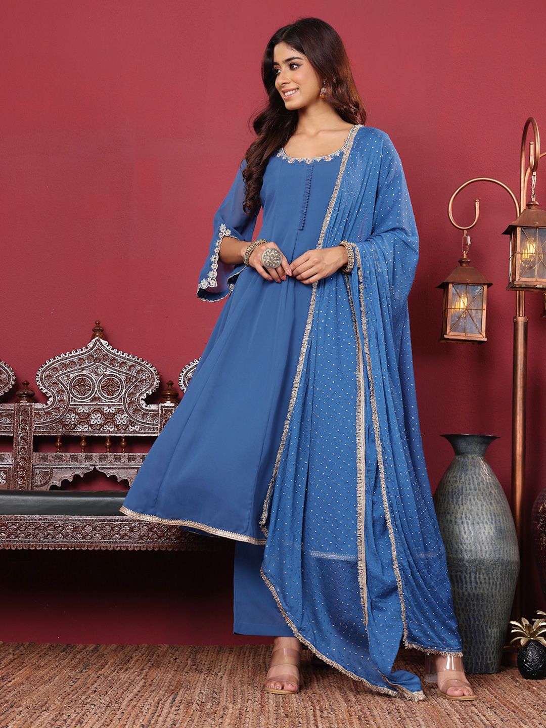 Indyancart VA Women'sFloral Embroidered Silk Georgette Anarkali Kurta With Palazzos & Dupatta