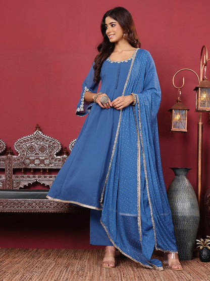 Indyancart VA Women'sFloral Embroidered Silk Georgette Anarkali Kurta With Palazzos & Dupatta