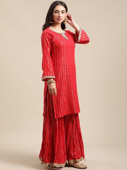 Indyancart VA Women's Red Embroidered Gotta Patti Kurta with Sharara & With Dupatta