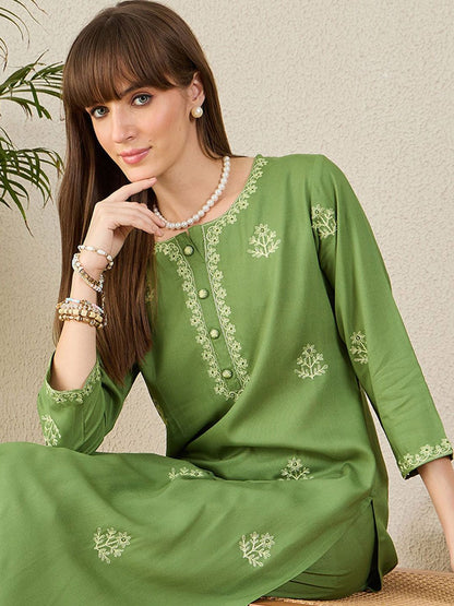 Indyancart IE Embroidered Notch Neck Tunic With Trouser