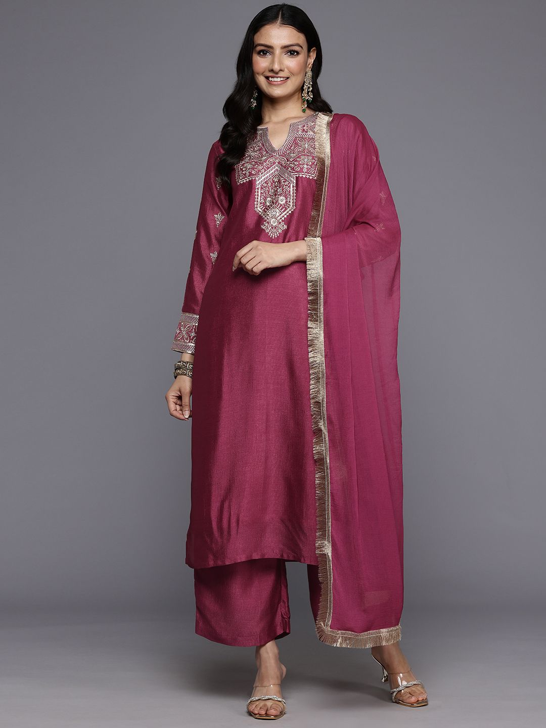 Indyancart VA Women'sEthnic Motifs Embroidered Zari Kurta With Palazzos & Dupatta
