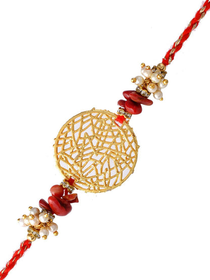 Anouk Gold-Toned Pearl-Beaded Rakhi With Roli Chawal & Greeting Card