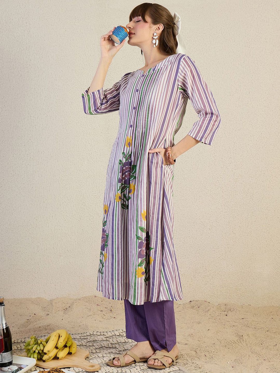 Dhiyona IE Printed Pure Cotton Top With Trousers Co-Ords