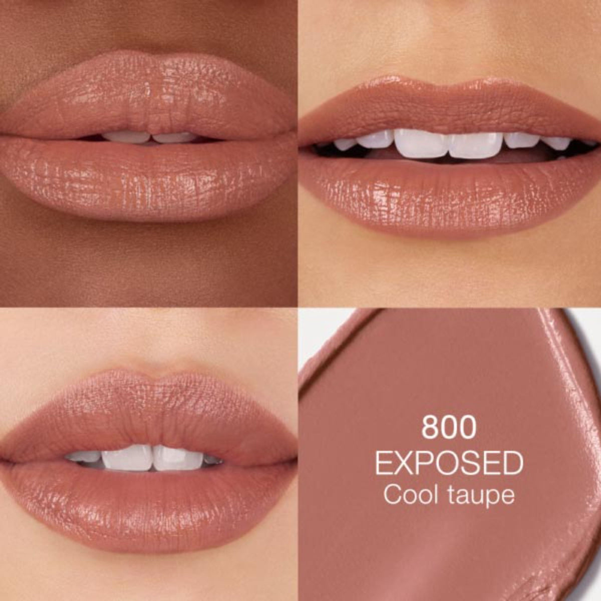 NARS Explicit Lipstick in Exposed shade, showing the sleek black tube and the creamy nude lipstick inside.