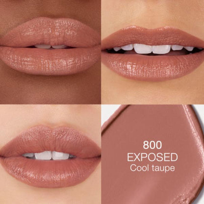 NARS Explicit Lipstick in Exposed shade, showing the sleek black tube and the creamy nude lipstick inside.
