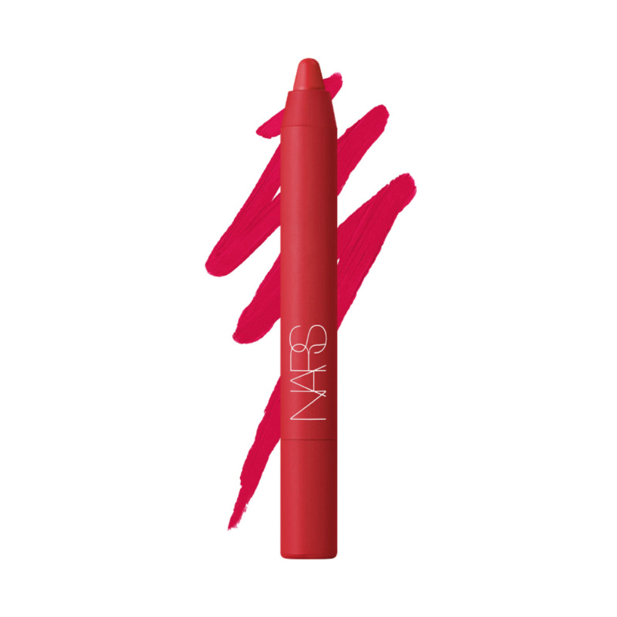 NARS Powermatte High Intensity Lip Pencil in Dragon Girl, bright red lipstick swatch on lips with the product and branding visible.